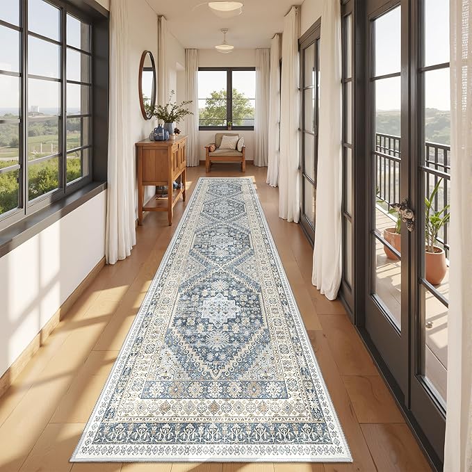 Kitchen Runner Rug Non Slip Washable 2.5x10, Soft Ultra-Thin Entryway Rug Runners for Hallways, Carpet Runner for Living Room,Kitchen, Laundry, Bathroom(Blue/Beige,2.5'x10')