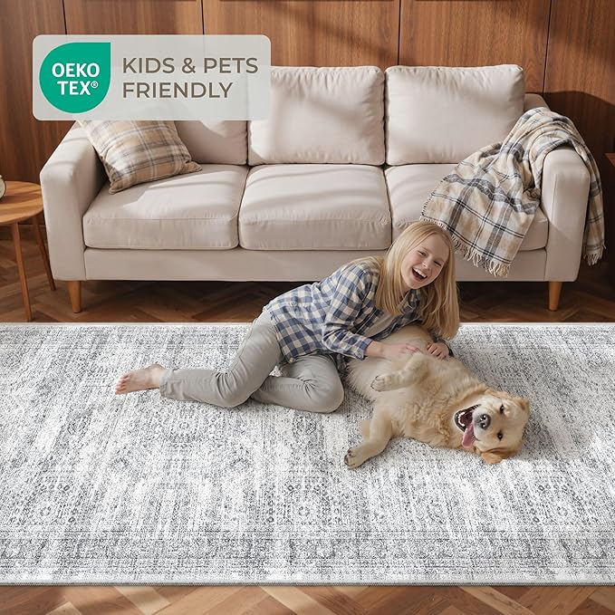 Washable Runner Rug 2.5x12, Non-Slip Long Bathroom Rugs Runner for Kitchen, Living Room, Bedroom, Soft Vintage Rug for Entryway, Thin Floor Mat for Dining Room(2.5'x12', Grey/Ivory)