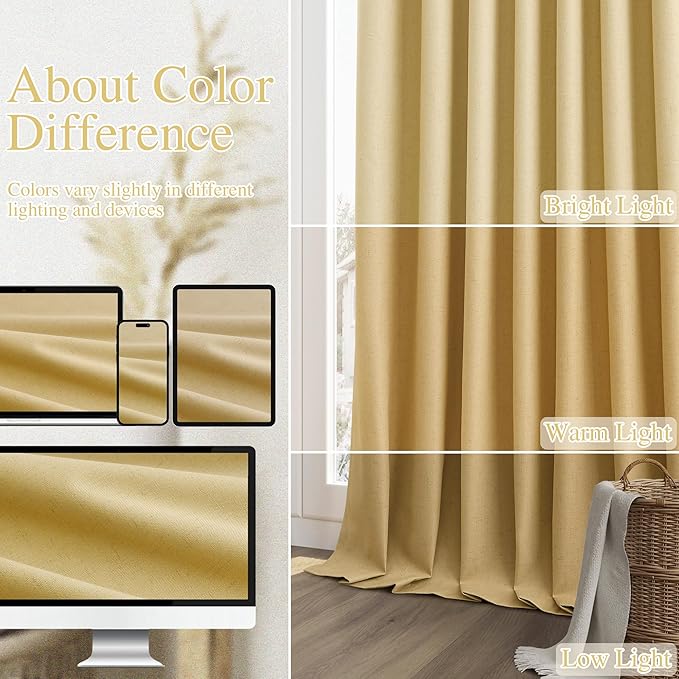 Guken 100% Blackout Curtains 102 Inch Length 2 Panels Set for Living Room Bedroom Back Tab Thermal Insulated Black Out Linen Drapes Room Darkening Window Curtains Gold Yellow 52x102