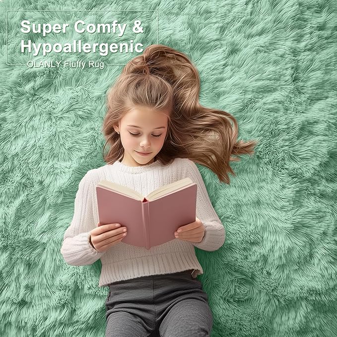 OLANLY 8x10 Machine Washable Large Area Rugs for Living Room, Bedroom, Soft Fluffy Shaggy Bedside Rug, Indoor Floor Carpet for Kids Girls and Boys, Dorms, Nursery, Home Decor Aesthetic, Mint Green