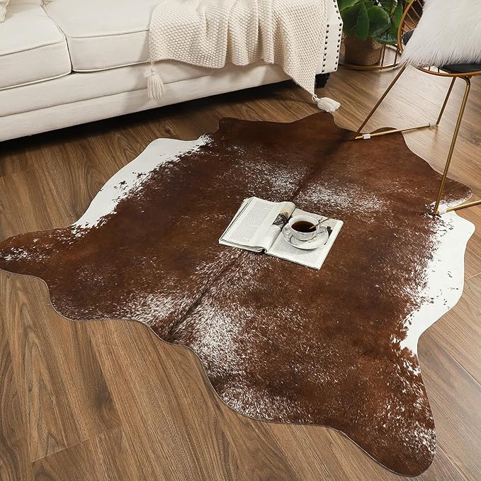 AROGAN Western Decor Faux Fur Cowhide Rug, Large Size Premium Animal Skin Cow Hide Rug, Sturdy Cow Print Rugs for Wall Decor, Western Floor Carpet for Bedroom Living Room, Brown