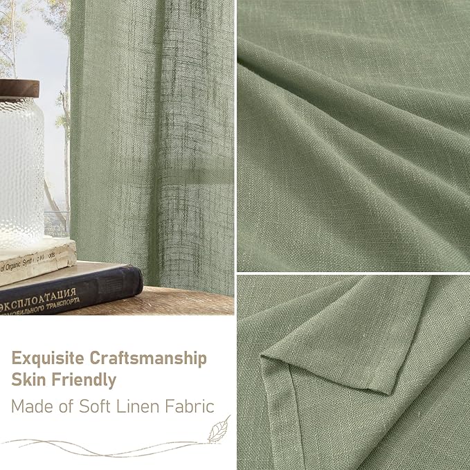 LAMIT Short Window Linen Curtains 36 Inch Length 2 Panels, Sage Green Light Filtering Panels Back Tab and Rod Pocket Neutral Drapes for Bathroom/Loft Room, 34 x 36 Inch