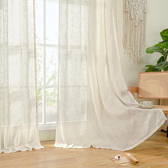 LAMIT 60 Inch Wide Linen Curtains for Bedroom, Ivory Cream Light Filtering Faux Linen Textured Panels Semi Sheer Back Tab and Rod Pocket Boho Drapes for Living Room/Farmhouse, 2 Panels, 60 x 63 Inch