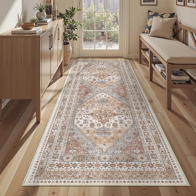3x8 Runner Rug Non Slip Washable for Entryway, Front Porch, Vintage Hallway Runner for Laundry Room, Bedroom, Stain Resistant Thin Indoor Kitchen Mats for Floor(Orange,3'x8')