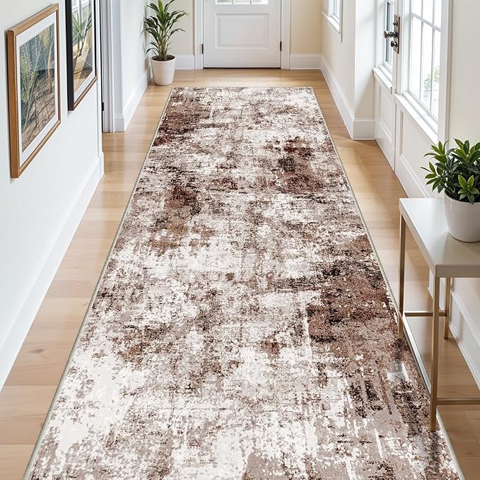 5x12 Runner Rug for Wide Hallway: Long Washable Runners for Entryway Living Room Dining Room - Stain and Water Resistant Rugs with Non-Slip Backing - Soft Low-Pile Carpet Brown Khaki White