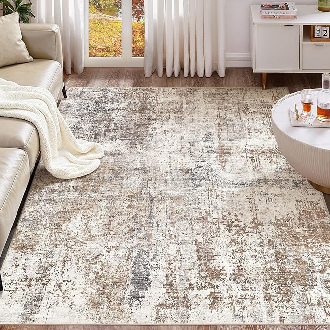 UERMEI Area Rug Living Room Rugs - Washable Neutral Modern Abstract Soft Thin Rug Indoor Floor No Slip Rug Carpet for Bedroom Under Dining Table Home Office Decor - Brown/Grey/Red - 5x7