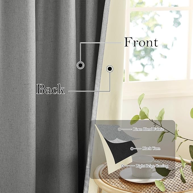 RYB HOME Grey Linen Blackout Curtains for Sliding Glass Door, 100% Blackout Linen Textured Thermal Privacy Modern Drape Panels for Dining Room Large Window, 52" W x 90" L, 2 Panels Set