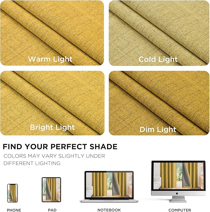 Joydeco Blackout Curtains for Bedroom - 100% Light Blocking 2 Panels Set Yellow Drapes 42" W x 90" L, Thermal Insulated Room Darkening Curtains, Linen Textured for Living Room, Rod Pocket & Back Tabs