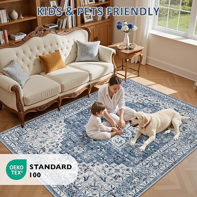 4x6 Area Rugs for Living Room: Washable Rug Soft Vintage Boho Medallion Carpet Indoor Floor Non-Slip Stain Resistant Large Carpets for Bedroom Dining Room Farmhouse Nursery Home Office Blue