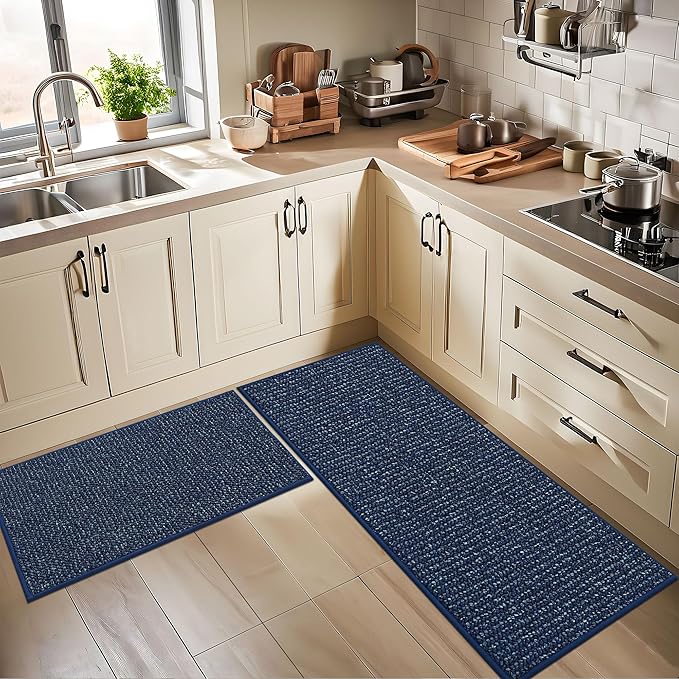 BEQHAUSE Kitchen Rugs and Mats 2PCS, Non-Slip Kitchen Mats for Floor, Absorbent and Stain Resistant Kitchen Runner, Machine Washable Rugs for Kitchen, Laundry & Sink, 24"x36"+24"x60", Blue