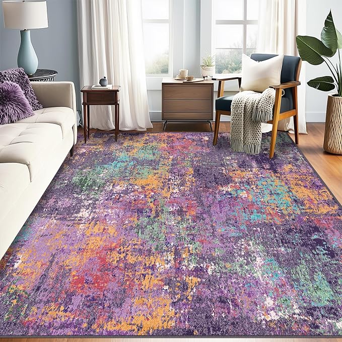 Washable Area Rugs 7'x9' Non-Slip Modern Abstract Soft for Living Room Entryway Bedroom Nursery, Print Pattern, Purple Orange Blue Green Rust Red Colorful