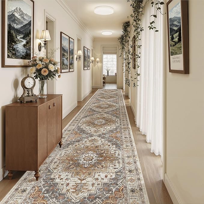 Madane 3x20 Hallway Runner Rug - Extra Long Carpet Runners for Hallways 20ft Non Slip Stain Resistant Rugs Runner for Living Room Bedroom 20 Feet Distressed Floor Carpet for Kitchen, Turmeric/Grey