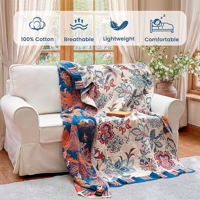 MSGKV Boho Throw Blanket 90"x90" 100% Cotton Floral Blanket for Bed Spring Breathable Lightweight Queen Blankets All Seasons Home Decor Muslin