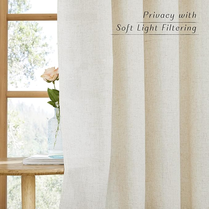 NICETOWN Textured Linen Sheer 108 inch Curtains, Grommet Privacy Translucent with Light Filter Thick Flax Sheer Drapes for Bedroom Porch/Patio, Natural, W42 x L108, 2 Panels