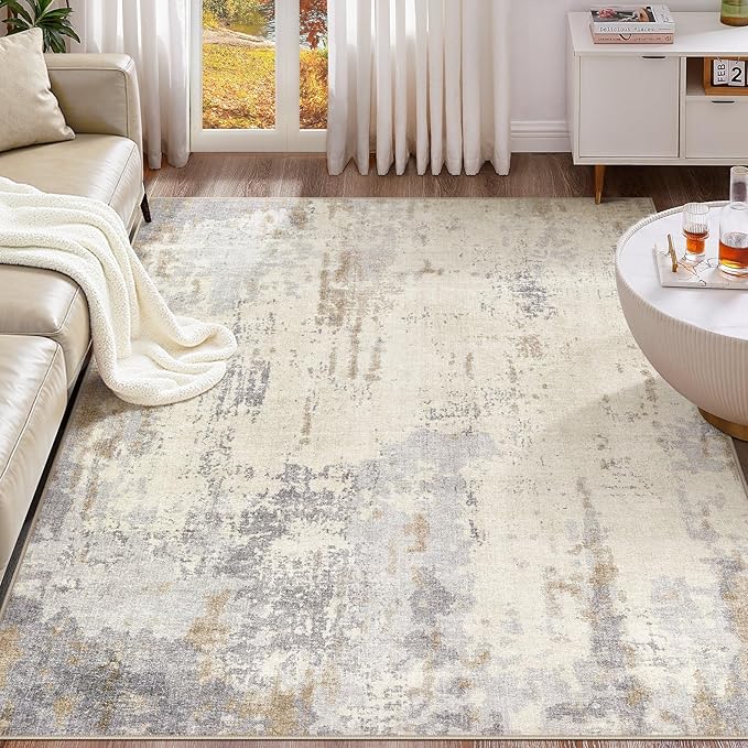 UERMEI 5x7 Area Rug Living Room Rugs - Washable Neutral Modern Abstract Soft Thin Rug Indoor Floor No Slip Rug Carpet for Bedroom Under Dining Table Home Office Decor - Light Brown/Gray