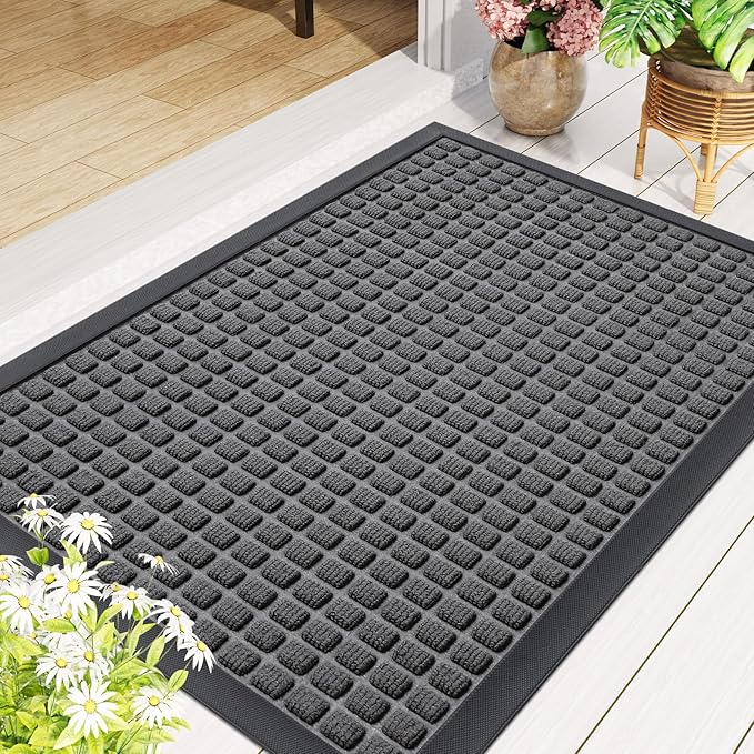 Smiry Front Door Mat Outside Entrance, Heavy Duty Natural Rubber Doormat, Non Slip, Trap Dirt and Moisture, Easy Clean, Low Profile Welcome Floor Mats for Indoor Outdoor Entry, 59x34 Inch, Grey