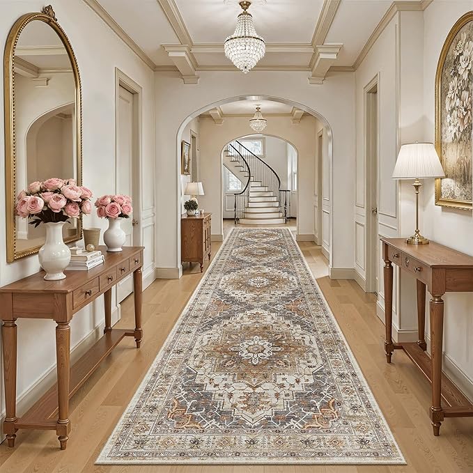 Madane Hallway Runner Rug 3x16 - Vintage Non Slip Washable 16ft Kitchen Runner for Entrance Soft Long Carpet Runners for Living Room Bathroom Low Pile Floor Mat for Bedroom Dining Room, Turmeric/Grey