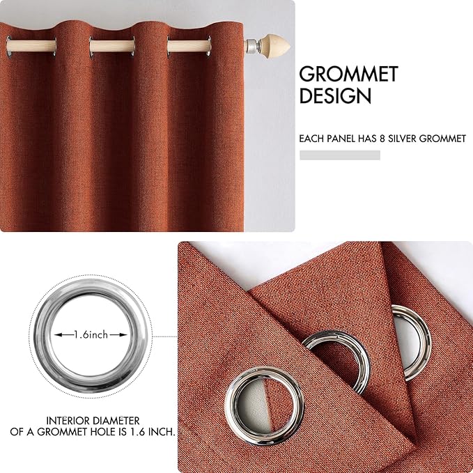 MIULEE 100% Blackout Linen Curtains for Bedroom Thermal Insulated Burnt Orange Grommet Room Darkening Curtains & Drapes Rust Terracotta Fall Decor for Living Room Nursery 52 x 96 Inch (2 Panels)
