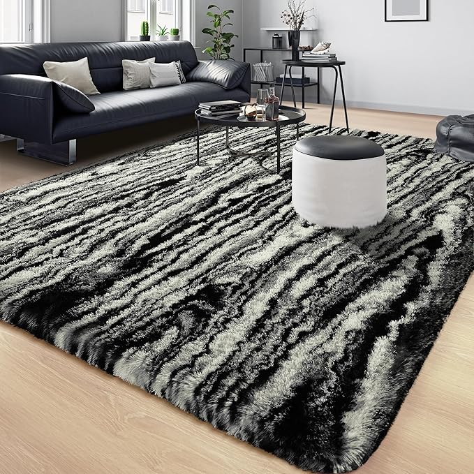 Tepook Soft Fluffy Rugs for Bedroom, 4x6 Area Rug for Living Room, Modern Shaggy Room Rug for Kids Boys Girls, Plush Throw Rugs Indoor Nursery Home Decor Rug with Non-Slip Bottom, Black White