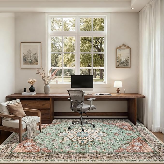 6x9 Area Rugs Living Room Rug: Washable Vintage Distressed Floral Rug No Slip Stain Resistant Soft Carpet Indoor Floor Large Carpets for Bedroom Dining Room Farmhouse Nursery Home Office Brown Green
