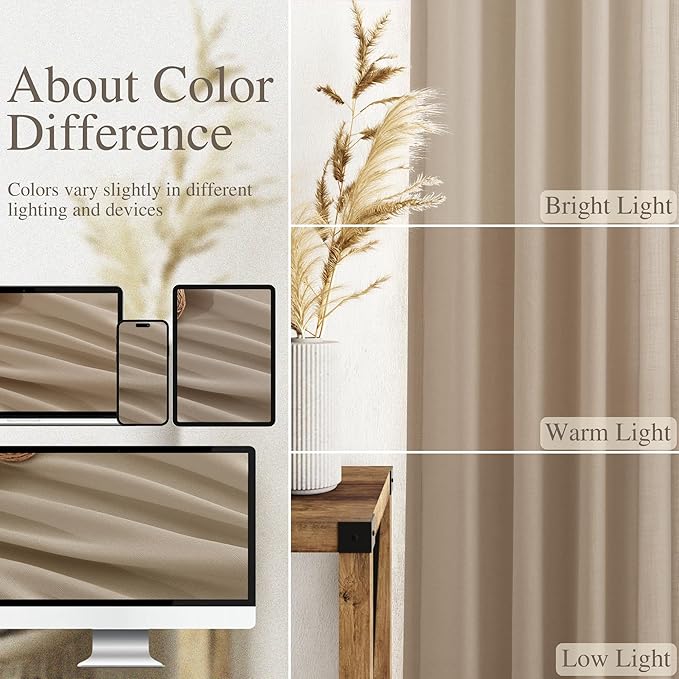 Sepia Beige Linen Curtains 112 Inches Long for Living Room Farmhouse Decor Light Filtering Semi Sheer Curtain Back Tab Rod Pocket Neutral Floor to Ceiling High Window for Bedroom 52x112, 2 Panels