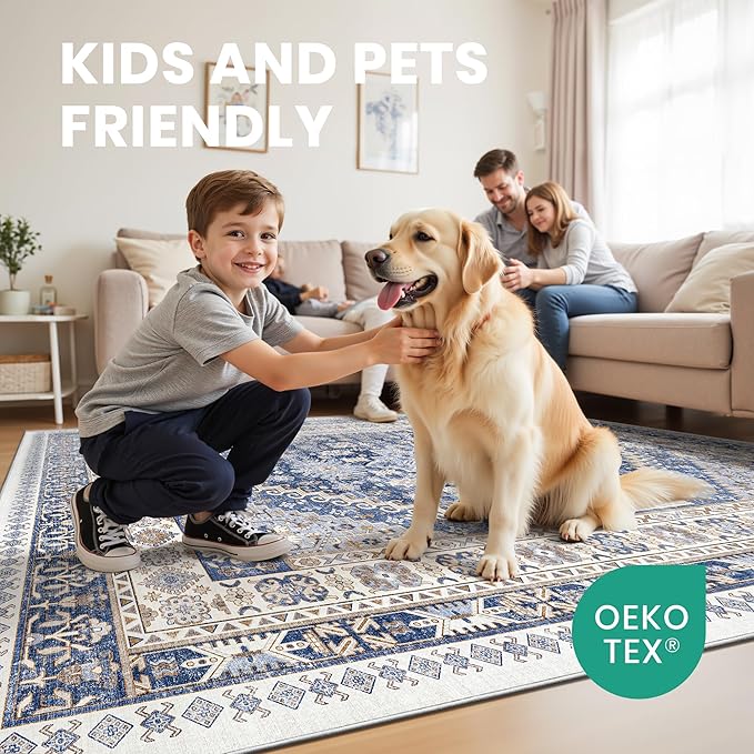 zesthome 8x10 Area Rugs for Living Room,Non-Slip Backing Washable Rugs,Vintage Large Area Rug,Stain Resistant Home Decor Rug (Blue/Beige,8'x10')