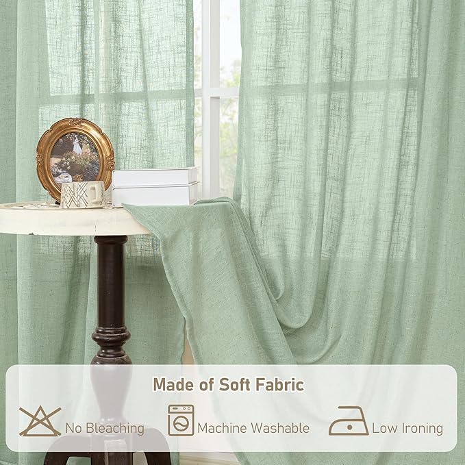 LAMIT Linen Curtains 30 Inch Length for Cafe, Semi Sheer Light Filtering Panels Back Tab and Rod Pocket Neutral Drapes for Basement/Window/Loft Room, Fresh Green, 2 Panels, 34 x 30 Inch