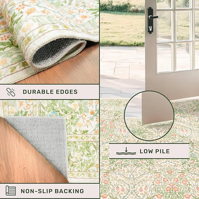 Cream Green Washable 8x10 Area Rugs for Living Room, Bedroom, Dining Room Under Table, Playroom, Stain Resistant Non-Slip Light Green Carpet with Pale Yellow and Pink Blossoms and Blue Flowers