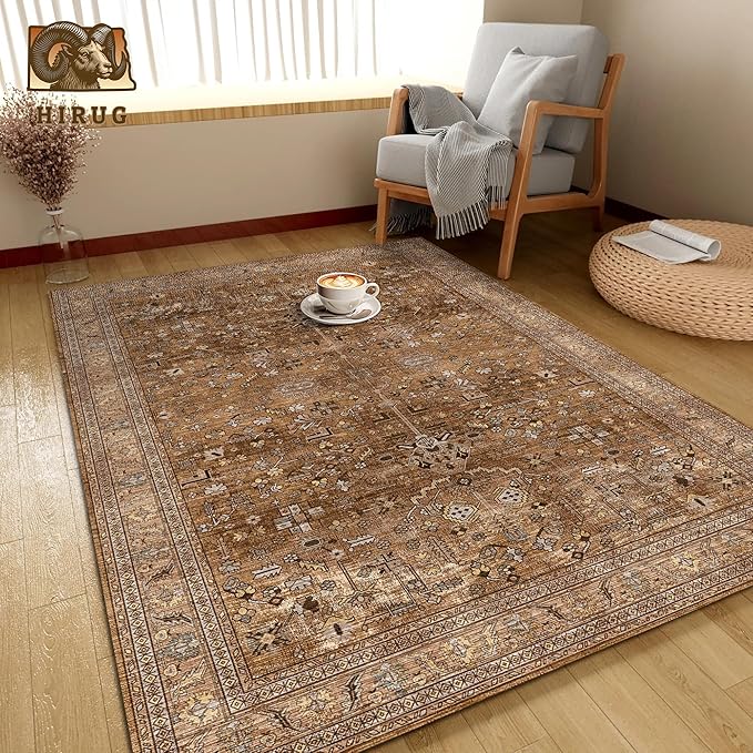 Washable Area Rug 8' x 10' Vintage Traditional Persian Mat - Foldable Distressed Non-Slip Machine Washable Carpet for Living Room Bedroom Kitchen Home Decor - Bronze and Ivory