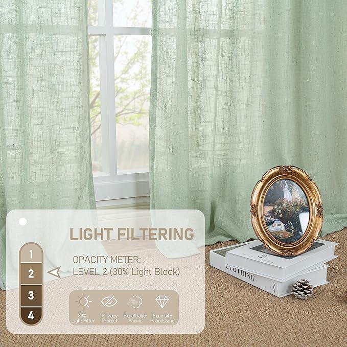 LAMIT Sheer Linen Curtains 63 Inch for Bedroom, Light Filtering Neutral Semi Sheer Farmhouse Boho Curtains Back Tab and Rod Pocket Living Room Panels, Fresh Green, 2 Panels, 52 x 63 Inch
