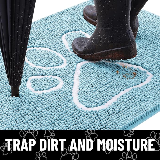 Smiry Dog Door Mat for Muddy Paws, Absorbent Dirt Trapper Non Slip Quick Dry Washable Chenille Mat for Mud Dogs, Entry Rug for Indoor and Outdoor (59x35 Inches, Sky Blue and White)