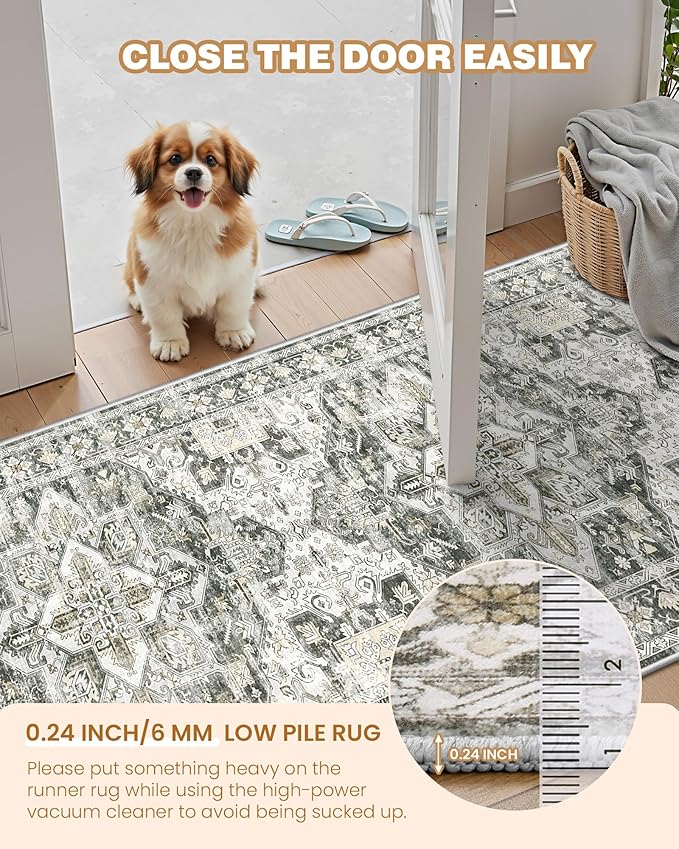 Runner Rug 2x6, Non Slip Washable Rugs for Laundry Room, Runners for Hallways, Low Pile Vintage Soft Rugs for Living Room, Kitchen Bathroom,Bedroom Rug(Grey/Beige,2'x6')
