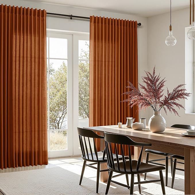 Rust Linen Curtains for Living Room 120 Inches Long Light Filtering Semi Sheer Curtain Back Tab Vintage Rustic Decor Extra Long Floor to Ceiling High Window for Bedroom Office 52x120, 2 Panels