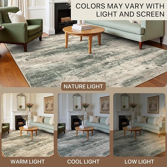 BEIMO Area Rugs 10x14 for Living Room Bedroom, Modern Abstract Machine Washable Rug, Large Soft Low Pile Floor Cover with Non Slip Backing for Dining Room, Grey/Dark Green