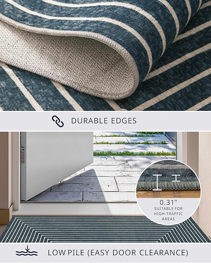 Latte&Fog 2x3 Entryway Rug, Small Modern Abstract Door Mat, Washable Kitchen Rug Samll Rug, Boho Non Slip Low Pile Carpet for Indoor Kitchen, Entry, Front Door and Bathroom - Blue