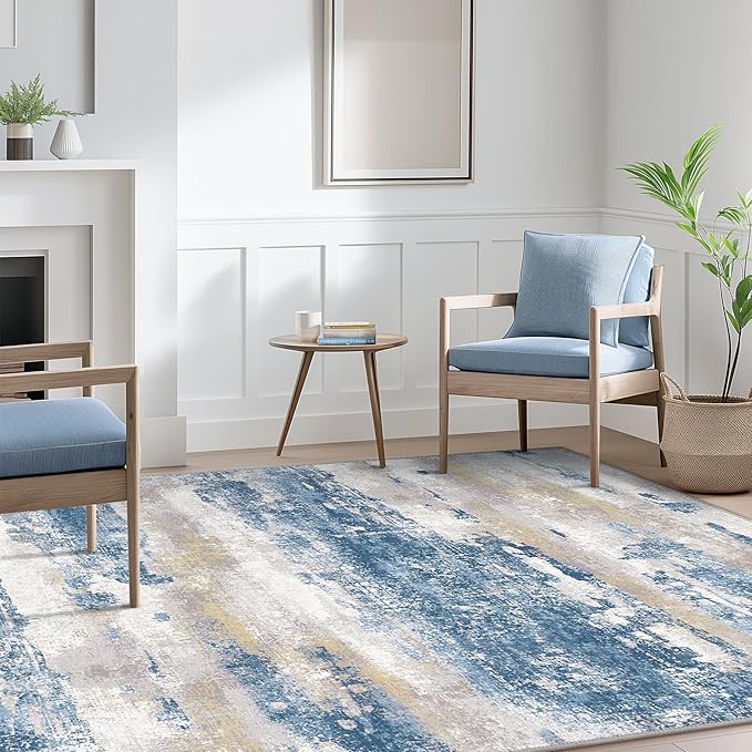 Area Rugs 6x9 for Living Room Bedroom, Modern Abstract Machine Washable Soft Blue Rug, Floor Carpet with Non Slip Backing for Dining Room