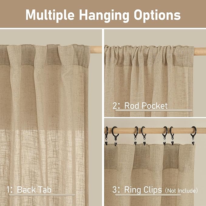 LAMIT Semi Sheer Linen Curtains 36 Inch Length for Cafe, Light Filtering Panels Back Tab and Rod Pocket Neutral Drapes for Bathroom/Kitchen/Loft Room, 25 x 36 Inch, Brown, 2 Panels