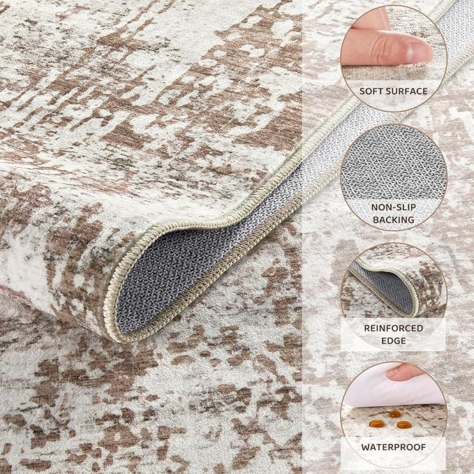 UERMEI 4x6 Area Rug Living Room Rugs - Washable Neutral Modern Abstract Soft Thin Rug Indoor Floor No Slip Rug Carpet for Bedroom Under Dining Table Home Office Decor - Brown/Grey/Red