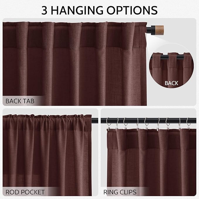 Nanspring Reddish Brown Linen Blend Light Filtering Back Tab Curtains 96 Inches Long, Semi Sheer Privacy Drapes for Living Room & Bedroom, 52x96 inch, 2 Panels