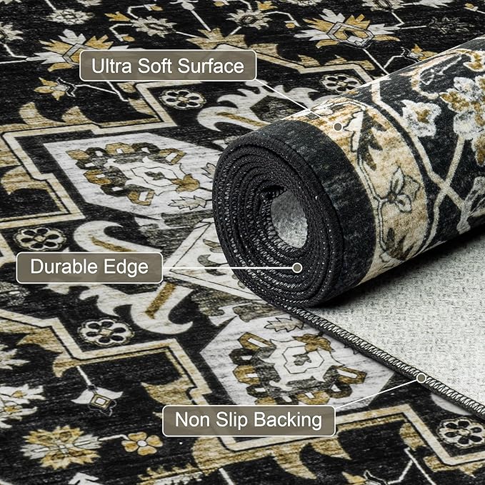 Area Rugs 10x12 Living Room Rug: Washable Rug Soft Vintage Boho Medallion Carpet Indoor Non-Slip Stain Resistant Large Carpets for Bedroom Dining Room Farmhouse Nursery Home Office Black Gold