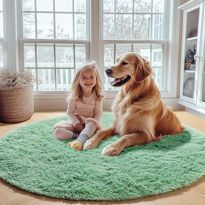 ONASAR Sage Green Round Area Rugs 6ft, Fluffy Soft Bedroom Circle Rug for Kids Girls Boys Teen Room, Cute Furry Plush Shaggy Carpet Floor Mats for Nursery Living Room Playroom Dorm Home Decor