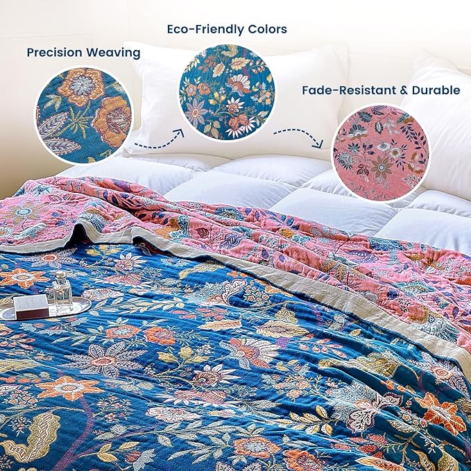 MSGKV Boho Throw Blanket for Couch 50"x60" 100% Cotton Floral Blanket Spring Breathable Lightweight Muslin Home Decorative Blankets for Sofa