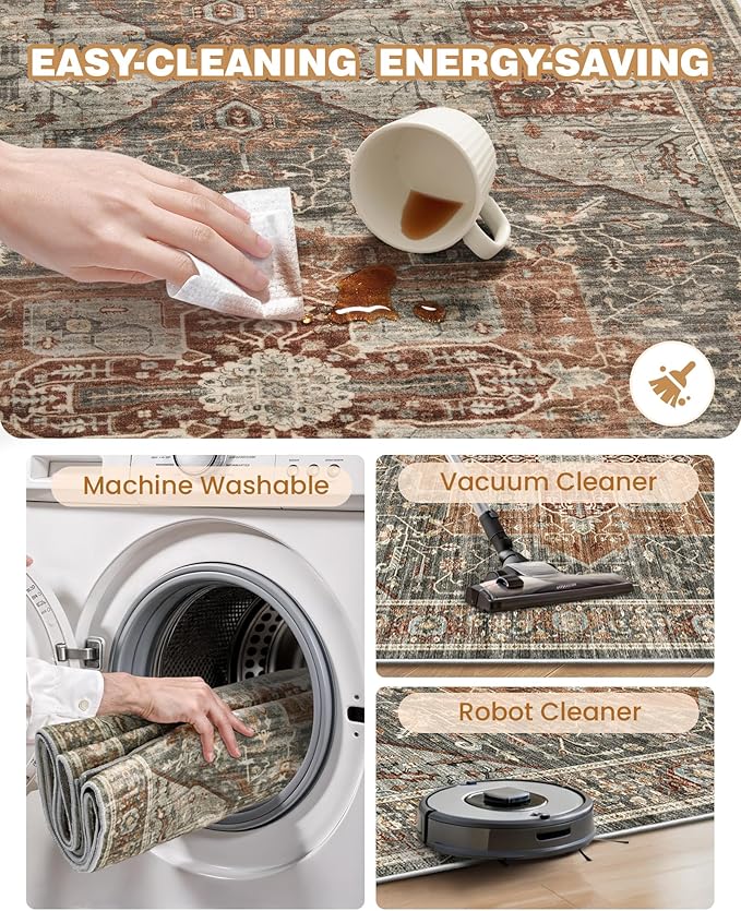 Runner Rug 2x6, Non Slip Washable Rugs for Laundry Room, Runners for Hallways, Low Pile Vintage Soft Rugs for Living Room, Kitchen Bathroom,Bedroom Rug(Grey/Brown/Tan,2'x6')