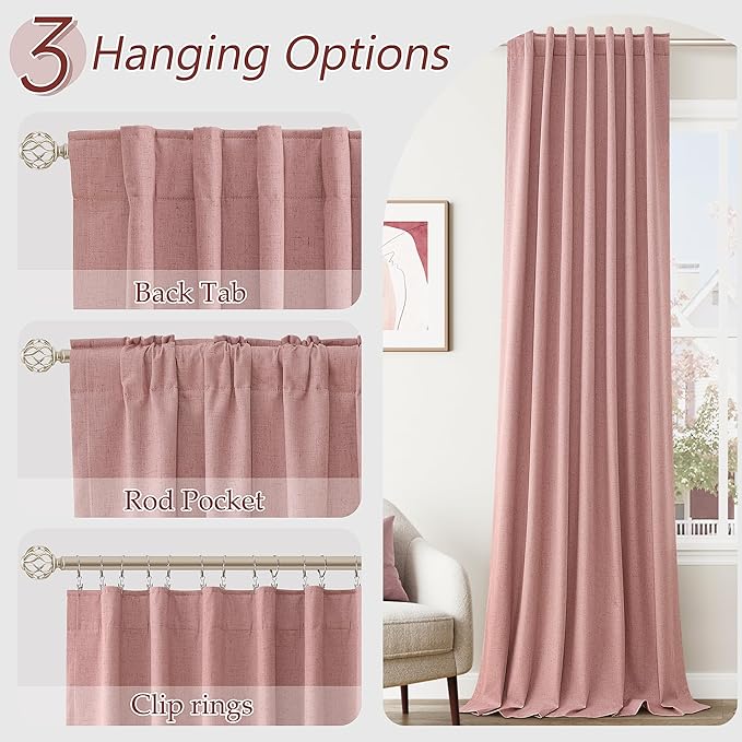 Guken 100% Blackout Curtains 90 Inch Length 2 Panels Set for Living Room Bedroom Back Tab Thermal Insulated Black Out Linen Drapes Room Darkening Window Curtains 90 Inches Long, Ash Rose