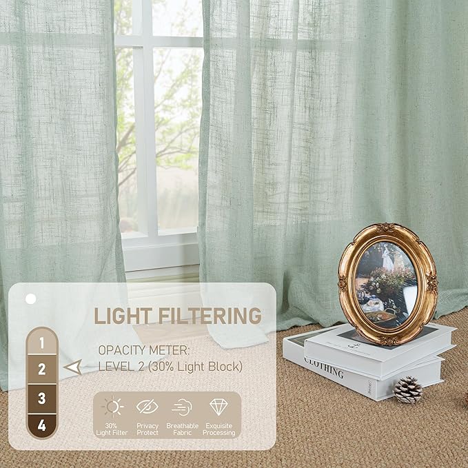 LAMIT Light Sage Linen Curtains 45 Inches Long for Bedroom, Light Filtering Panels Back Tab and Rod Pocket Neutral Drapes for Kitchen/Window/Loft Room, 52 x 45 Inch, 2 Panels