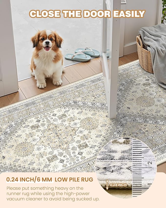 Runner Rug 2x10, Ultra-Thin Kitchen Rugs Non Slip Washable Rugs for Entryway Rug, Kitchen Runner Low Pile Vintage Soft Carpets for Living Room, Bathroom Bedroom (Beige,2'x10')