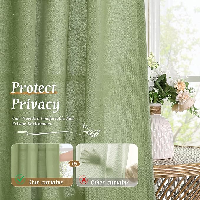 LAMIT Sage Green Linen Curtains for Living Room 84 inch Length 2 Panels, Light Filtering Privacy Panels Rod Pocket Neutral Privacy Drapes for Bedroom/Sliding Glass Door, 52 x 84 Inch