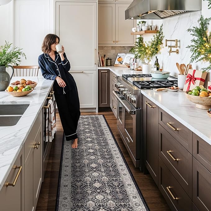 Hallway Washable Runner Rug - 2'6x12 Kitchen Rugs Entryway Rug Runner Vintage Soft Floor Mat Non Slip Indoor Farmhouse Carpet for Bathroom Living Room Bedroom (2'6''x12', Black)