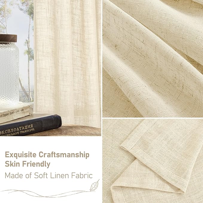 LAMIT Small Kitchen Linen Curtains 24 Inch Length 2 Panels, Beige Light Filtering Panels Back Tab and Rod Pocket Neutral Drapes for Bathroom/Small Windows, 34 x 24 Inch