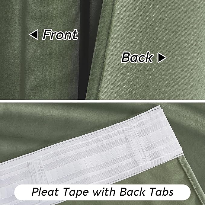 RYB HOME Sage Green Velvet Curtains 108 inch, Room Darkening Super Soft Velvet Drapes for Living Room Thermal Insulated Pleat Tapes Window Treatment for Bedroom Playroom, W52 x L108 inch, 2 Panels